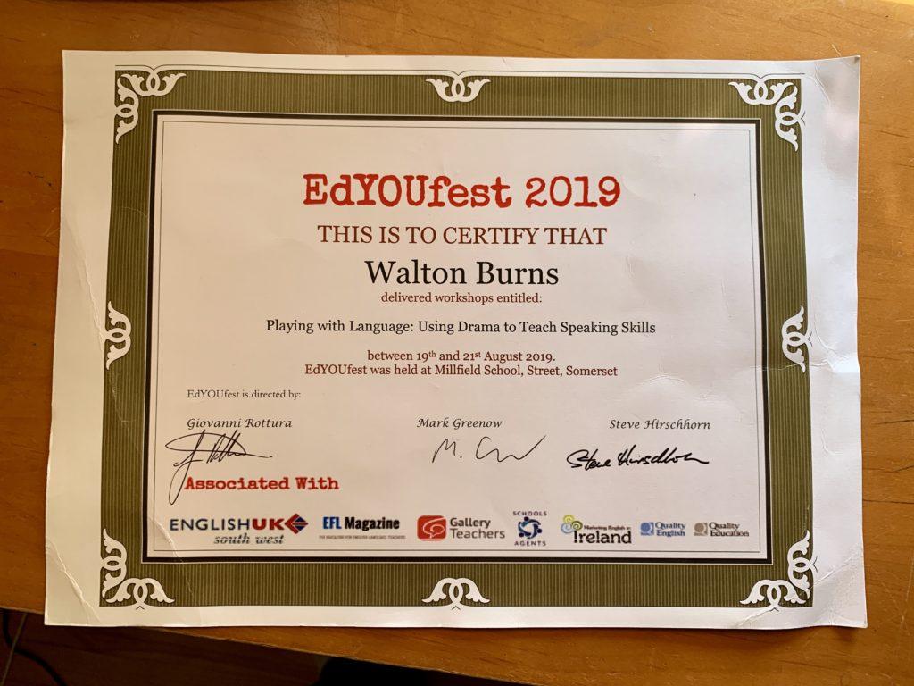 Ed You Fest 2019 Certificate issued to Walton Burns for delivering the presentation Playing with Language