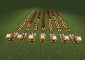 A Minecraft construction that tracks learner progress. A book with 15 pages on a lectern. behind that a comparator. Then a line of 15 redstone powder. Under the redstone powder , redstone lanterns. As students turn pages in the book, more redstone lanterns light up